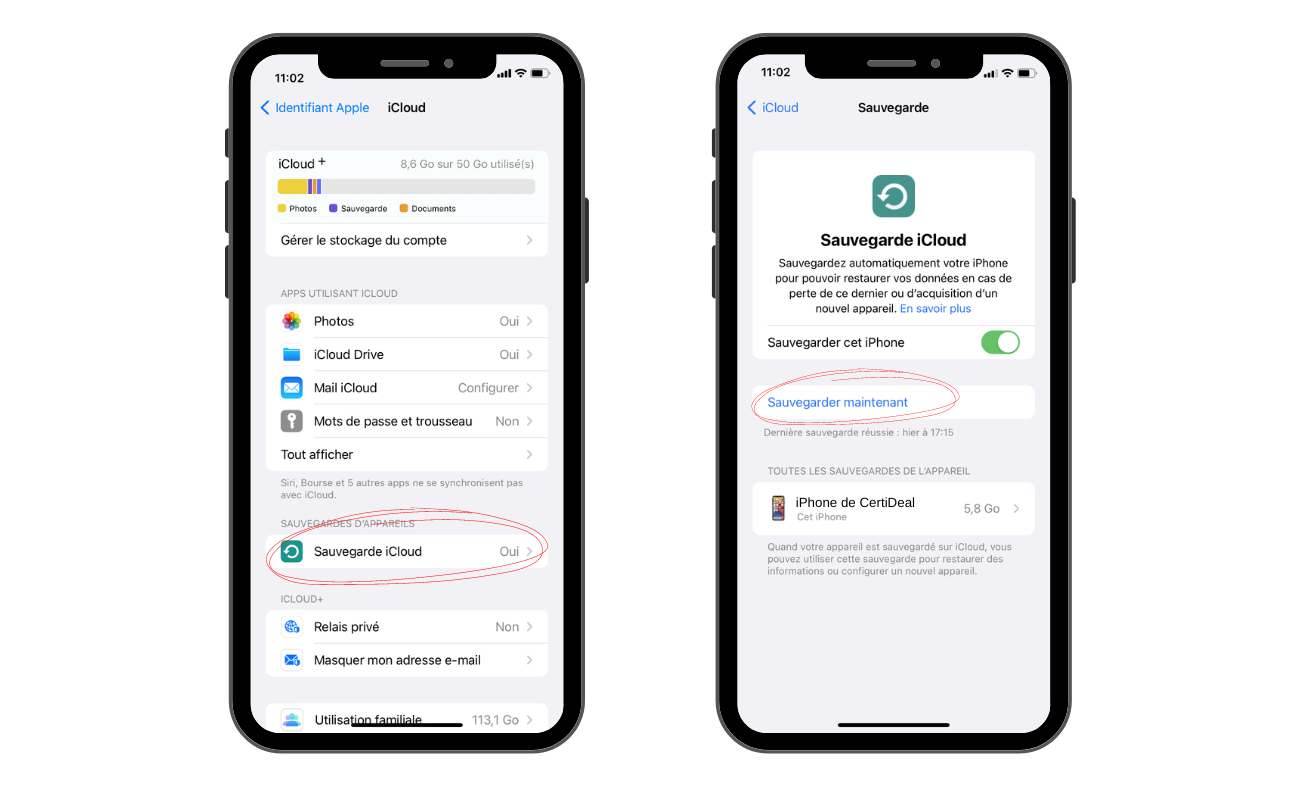 vue écran menu réglages sauvegarde iPhone